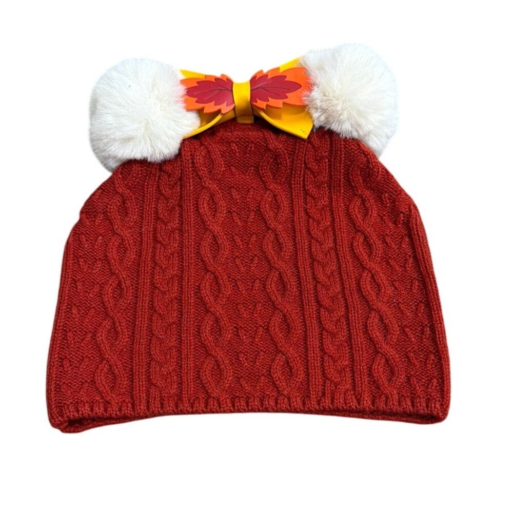 Loungefly Disney Minnie Mouse Fall Pom Beanie in red cable knit faux fur poms